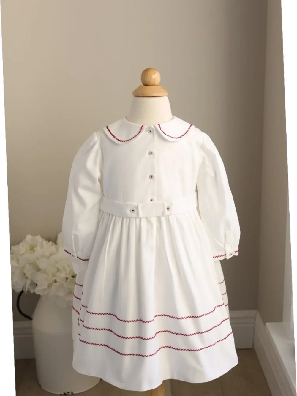 White Smocked Dress Long Sleeve Red Embroidery Sarah Louise PinTucks Size 2